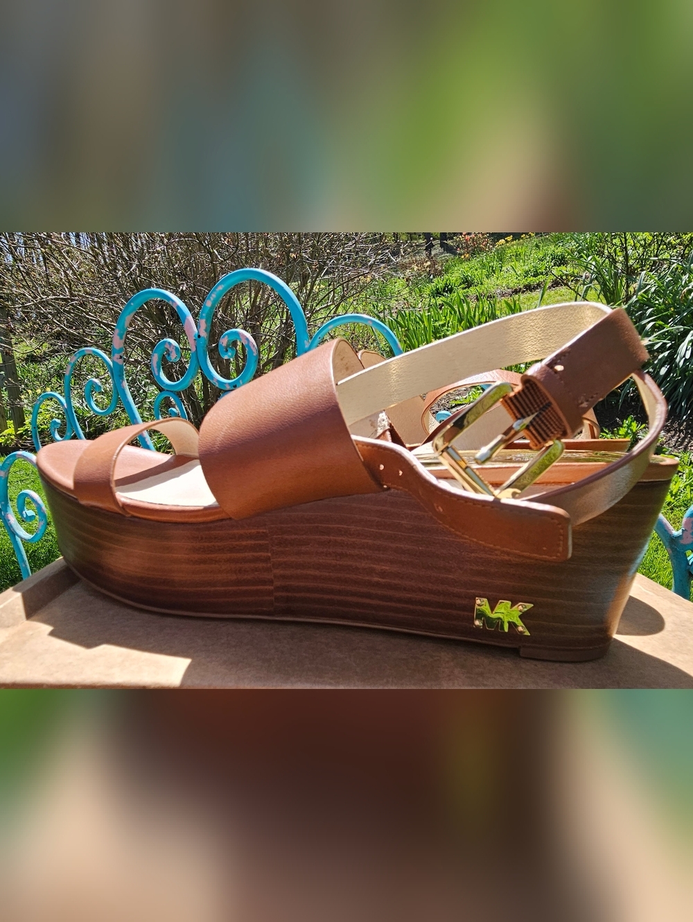 Michael Kors Tan Leather Platform Wedge Sandals - Picture 2 of 6